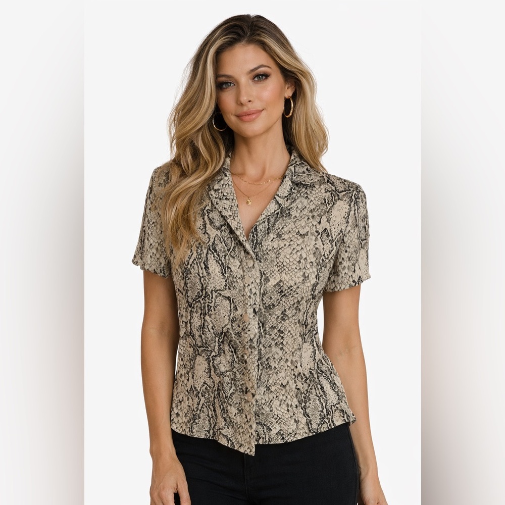 Vintage Y2K Ann Taylor Silk Snake Print Blouse Petite S Button Front 90s 2000s